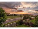 Scenic neighborhood view with lush landscaping, wide streets, and beautiful sunset at 11691 Riverdale Dr, Parker, CO 80138
