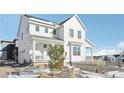 Two story farmhouse with white siding, solar panels, and snowy landscaping at 8373 Rush Creek Ave, Littleton, CO 80125