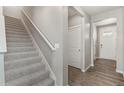 Light and bright entryway with gray vinyl flooring and carpeted stairs at 864 Leeward St, Lochbuie, CO 80603