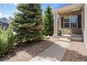 Inviting front porch with decorative chairs, plants and view of well-manicured landscaping at 744 Kryptonite Dr, Castle Rock, CO 80108
