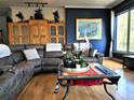 Inviting living room featuring hardwood floors, comfortable seating, and stylish decor on an accent wall at 83 Wilderness Cornerstone Rd, Evergreen, CO 80439