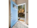 Light-blue entry door opens to reveal a charming, elevated treehouse visible from the doorway at 8386 S Davco Dr, Morrison, CO 80465