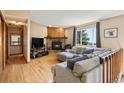 Living room features a wood-burning fireplace and a comfortable gray couch with many decorative pillows at 8386 S Davco Dr, Morrison, CO 80465
