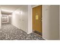 Long hallway with multiple doors and storage closets, featuring patterned carpet and neutral-colored walls at 9335 E Center Ave # 4B, Denver, CO 80247