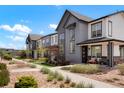Pleasant street view featuring modern townhomes with well-manicured landscaping and walking paths at 19593 W 93Rd Ln # E, Arvada, CO 80007