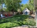 Large grassy backyard featuring a cute playhouse, a wooden fence and mature shade trees at 1359 Chambers Rd, Aurora, CO 80011