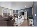 Cozy living room with fireplace, modern decor, plush seating, and hardwood flooring at 14275 Grape St, Thornton, CO 80602