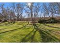 Sprawling backyard with vibrant green grass and mature trees on a bright sunny day at 655 S Alton Way # 6A, Denver, CO 80247