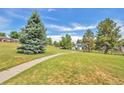 Serene community green space with a paved path, mature trees, and lush grass, perfect for relaxing strolls at 4182 S Joplin St, Aurora, CO 80013