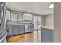 Well-appointed kitchen featuring grey lower cabinets, white upper cabinets, stainless steel appliances, and convenient access to the yard at 436 Pluto Ct, Lone Tree, CO 80124