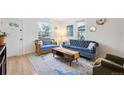 Bright living room with hardwood floors, large windows, and stylish blue sofas at 422 Atwood St, Longmont, CO 80501