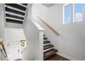 Bright staircase with carpeted steps, wood handrail, and a view to the entry door at 19096 E 55Th Ave, Denver, CO 80249