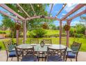 Outdoor dining area features a pergola with hanging lights, perfect for entertaining at 2061 Chesapeake Pl, Highlands Ranch, CO 80126