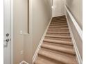 Carpeted staircase with white railing leading to the upper level of the home at 8421 Galvani Trl # E, Littleton, CO 80129