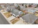 An aerial shot showcases the house with a 3-car garage and a well-maintained yard in a neighborhood at 17161 E Dewberry Dr, Parker, CO 80134