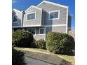 Exterior view of a townhouse featuring gray siding, white trim, and trimmed shrubbery in the front yard at 6585 W 84Th Way # 109, Arvada, CO 80003