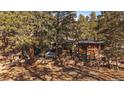 Quaint log home surrounded by lush trees, showcasing stone accents and a peaceful wooded setting at 121 Mary Beth Rd, Evergreen, CO 80439