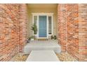 Charming entryway featuring a blue front door, brick accents, and decorative plants at 3745 Spanish Oaks Trl, Castle Rock, CO 80108