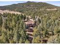 Aerial view of home nestled within a lush forest, creating a private and secluded retreat at 20957 Horse Bit Way, Morrison, CO 80465