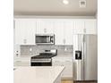 Close-up of modern kitchen with stainless steel appliances and white cabinetry at 22340 E 8Th Ave, Aurora, CO 80018