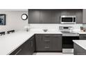Kitchen featuring gray cabinets, stainless steel appliances, white countertops, and modern lighting fixtures at 5955 E 10Th Ave # 507, Denver, CO 80220