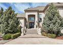 Grand entrance with stately lions and a wrought-iron door, framed by lush greenery at 7615 Lemon Gulch Way, Castle Rock, CO 80108