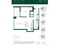 One bedroom floor plan featuring a balcony, combined living and dining area, and designated kitchen space at 525 18Th St # 905, Denver, CO 80202