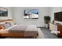 Virtually staged main bedroom with wood bed frame and large window at 5599 W 115Th Ave, Westminster, CO 80020