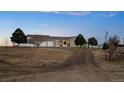 Ranch home with long driveway; features include a two-car garage, manicured trees, and propane tank at 44011 Morning Star Ct, Elizabeth, CO 80107