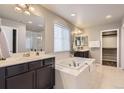 Luxurious bathroom featuring dual vanities, soaking tub, glass-enclosed shower, and walk-in closet at 4406 Sidewinder Loop, Castle Rock, CO 80108