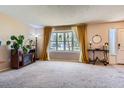 Bright living room showcasing large windows, neutral carpeting, and a decorative fireplace feature at 12995 W Chenango Ave, Morrison, CO 80465