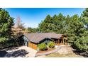 Stunning aerial view shows the home's setting surrounded by lush trees and well-maintained landscaping at 2231 Meadow Green Cir, Franktown, CO 80116
