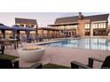 Upscale community pool and amenities, including a fire pit, cabanas and lounge chairs at 332 Agoseris Way, Castle Rock, CO 80104