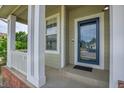 Covered front porch with white columns and railings, leading to a blue front door with glass panels at 10115 Foxridge Ct, Highlands Ranch, CO 80126