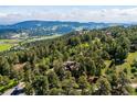 Gorgeous aerial shot of a home surrounded by lush green trees with a view of distant mountains at 24999 Grandview Ave, Golden, CO 80401