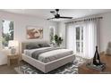 Bright main bedroom features a ceiling fan, and a private balcony with outdoor views at 3200 W 27Th Ave, Denver, CO 80211