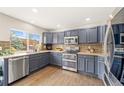Modern kitchen features stainless steel appliances, granite countertops, and sleek cabinetry at 1232 Berganot Trl, Castle Pines, CO 80108