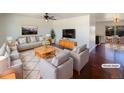 Bright living room with modern furnishings and an open layout connected to the dining area at 3268 S Patton Ct, Denver, CO 80236