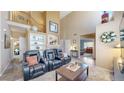 Inviting living room with a cozy fireplace, soaring ceilings and an open floor plan at 10532 Madison St, Thornton, CO 80233