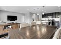 Open-concept living room and kitchen area with modern lighting and updated decor at 19210 E Pacific Pl, Aurora, CO 80013