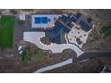 Overhead view of the exquisite property showcasing the house, pool, patio, meticulously designed landscaping, and circular driveway at 13176 Frannys Way, Parker, CO 80138