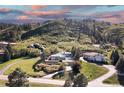 Aerial view showcasing the home's setting amidst lush greenery and neighboring houses, with a mountain backdrop at 11039 Roxborough Dr, Littleton, CO 80125