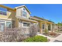 Townhome exterior showcasing stone detailing, a covered porch, and manicured landscaping at 720 Reid Pl, Castle Rock, CO 80108