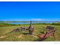 Picturesque backyard featuring a fire pit, cozy benches, and distant lake views at 5425 County Rd 32 # 27, Mead, CO 80504
