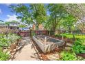 Backyard garden featuring raised garden bed, landscaping, and a wooden fence at 34 W Maple Ave, Denver, CO 80223