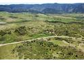 Scenic aerial view captures an expansive green landscape, dotted with trees and shrubs against a stunning mountain backdrop at 8821 S Perry Park Rd, Larkspur, CO 80118