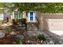 Charming front entrance with a blue door, stone steps, and mature trees at 2587 Foothills Canyon Ct, Highlands Ranch, CO 80129