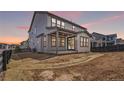 Backyard view of the home shows the covered patio, and new construction of landscaping at 11261 Moonshimmer St, Littleton, CO 80125