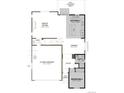 First floor layout featuring a great room, kitchen, dining area, bedroom and a 2-car garage at 1372 Rock Cliff Ave, Erie, CO 80516