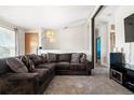 Cozy living room featuring neutral colored walls, plush carpet, and comfortable seating area with decorative pillows at 104 Winnipeg St, Lochbuie, CO 80603